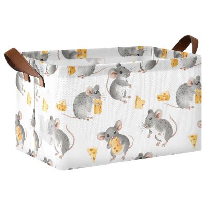 ALAZA Cute Mouse with Cheese Rectangular Closet Storage Box Storage Bin Basket Storage Cube with Leather Handles Nursery Storage Laundry Hamper 2 Piece