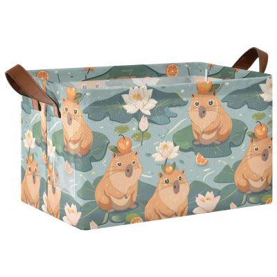 ALAZA Cute Capybara Water Lily Rectangular Closet Storage Box Storage Bin Basket Storage Cube with Leather Handles Nursery Storage Laundry Hamper 2 Piece