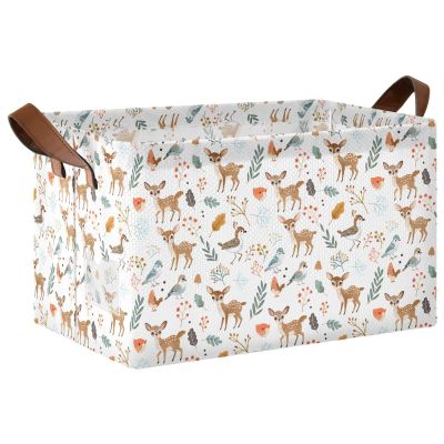 ALAZA Deer Bird Leaves Watercolor Rectangular Closet Storage Box Storage Bin Basket Storage Cube with Leather Handles Nursery Storage Laundry Hamper 2 Piece