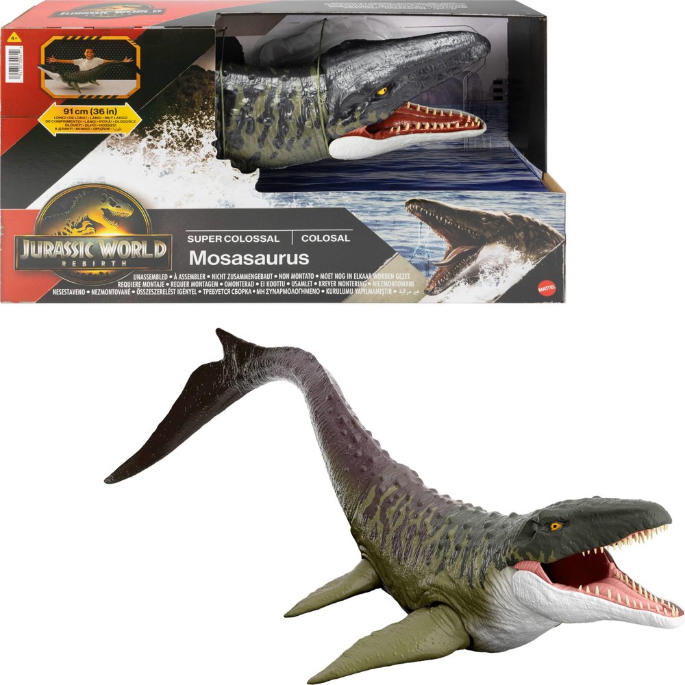 Jurassic Mattel World Rebirth Super Colossal Mosasaurus Action Figure, Dinosaur Toy with 2 Attack Actions, Movie-Accurate & Posable