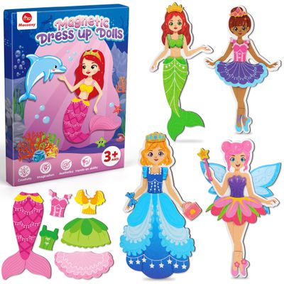 Mocoosy Magnetic Dress Up Dolls for Girls, Princess Mermaid Fairy Ballerina Magnet Doll Dress Up Kit, Travel Game Airplane Car Road Trip Activities Toy Birthday Easter Gift Toddler Girl Age 3 4 5 6 7