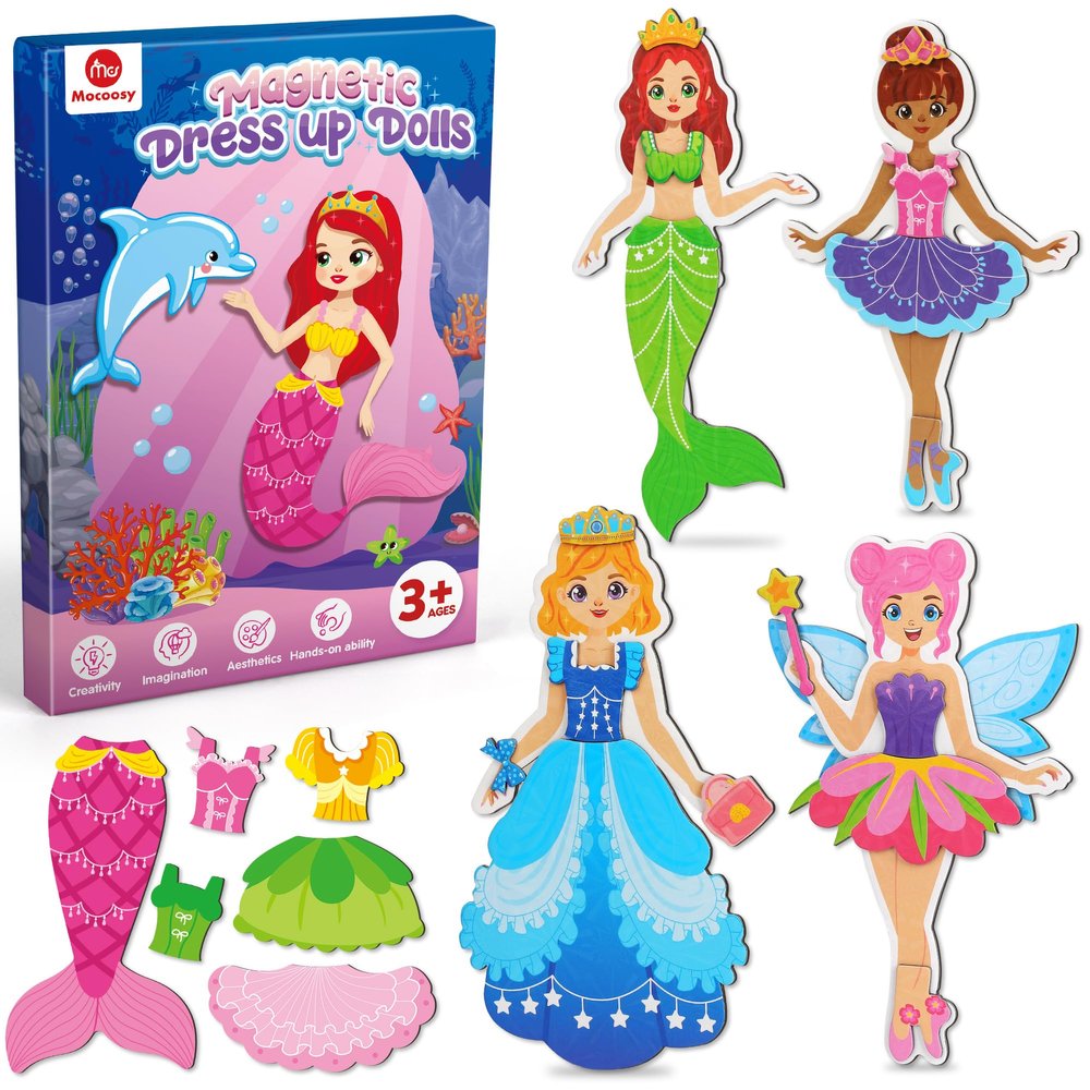 Mocoosy Magnetic Dress Up Dolls for Girls, Princess Mermaid Fairy Ballerina Magnet Doll Dress Up Kit, Travel Game Airplane Car Road Trip Activities Toy Birthday Easter Gift Toddler Girl Age 3 4 5 6 7