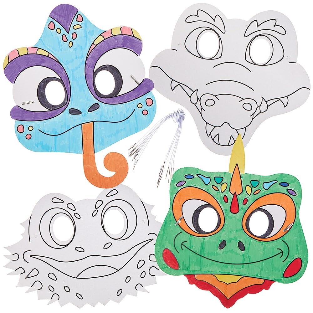 Baker Ross FN193 Reptile Colour-in Masks - Pack of 8, Fancy Dress Costume Arts and Crafts