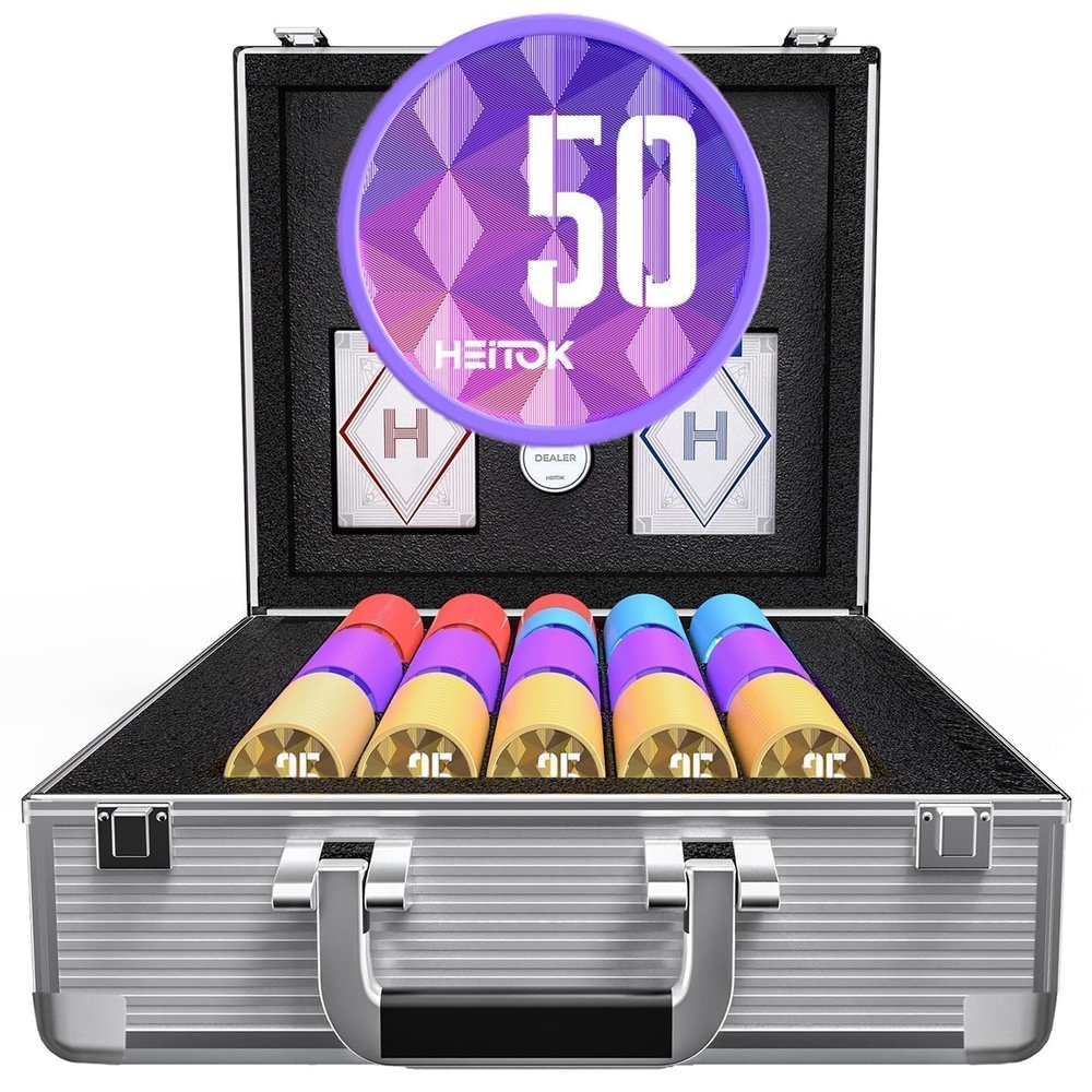 HEITOK 600-Piece Casino Poker Chip Set with Denominations, 11.5g Weighted Chips, 2 Decks, Compact Aluminum Case for Texas Hold'em, Blackjack