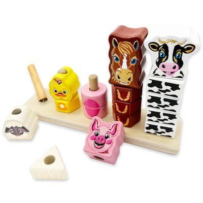 Big Discoveries Stacker - Animal Block Stacking Puzzle for Ages 2 and Up | Durable Wooden Geometry Shape Toy with Flexible Safety Pegs and Pegboard - Montessori Stack Toy for Toddlers (Farm Stacker)