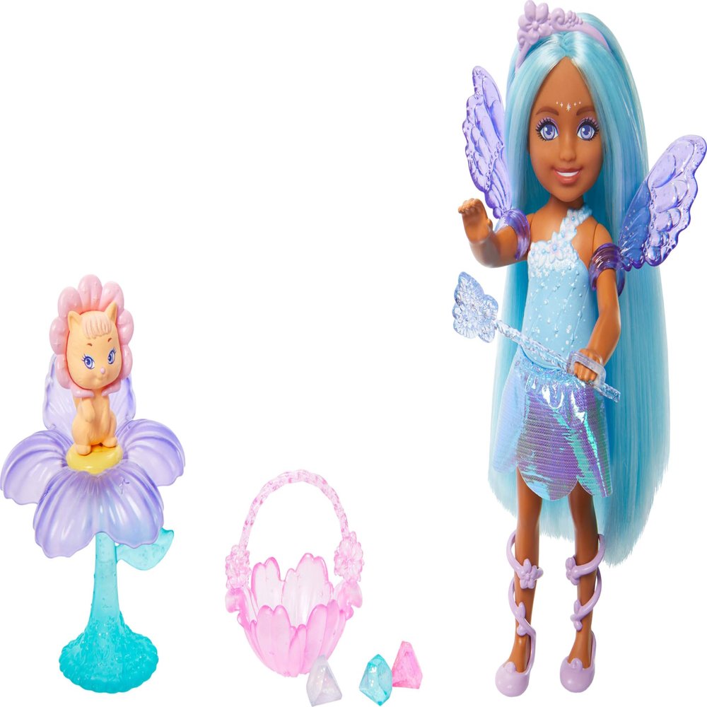 Barbie Chelsea Doll & Accessories Set, Small Fairy Doll with Blue Hair & Wings, Pet & 8 Themed Pieces, Including Flower Pet Bed