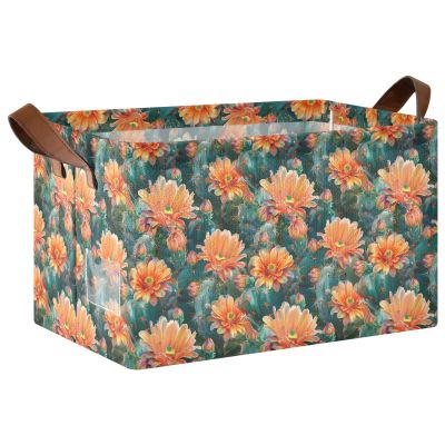 ALAZA Cactus Flower Floral Rectangular Closet Storage Box Storage Bin Basket Storage Cube with Leather Handles Nursery Storage Laundry Hamper 2 Piece
