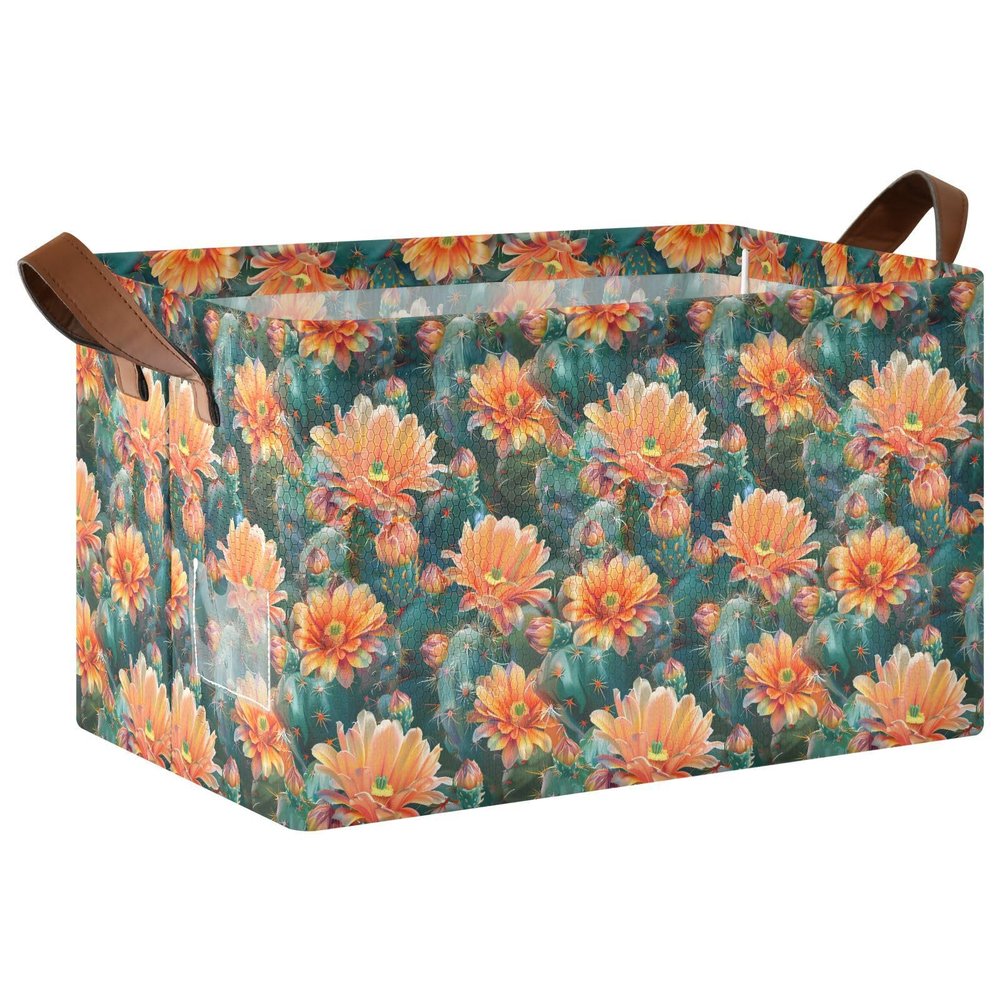 ALAZA Cactus Flower Floral Rectangular Closet Storage Box Storage Bin Basket Storage Cube with Leather Handles Nursery Storage Laundry Hamper 2 Piece