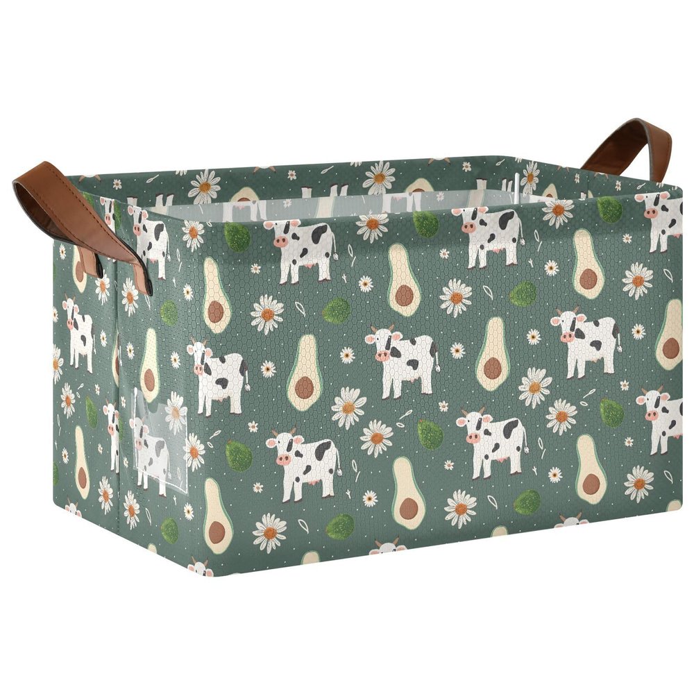 ALAZA Cow Daisy Flower Avocado Rectangular Closet Storage Box Storage Bin Basket Storage Cube with Leather Handles Nursery Storage Laundry Hamper 2 Piece