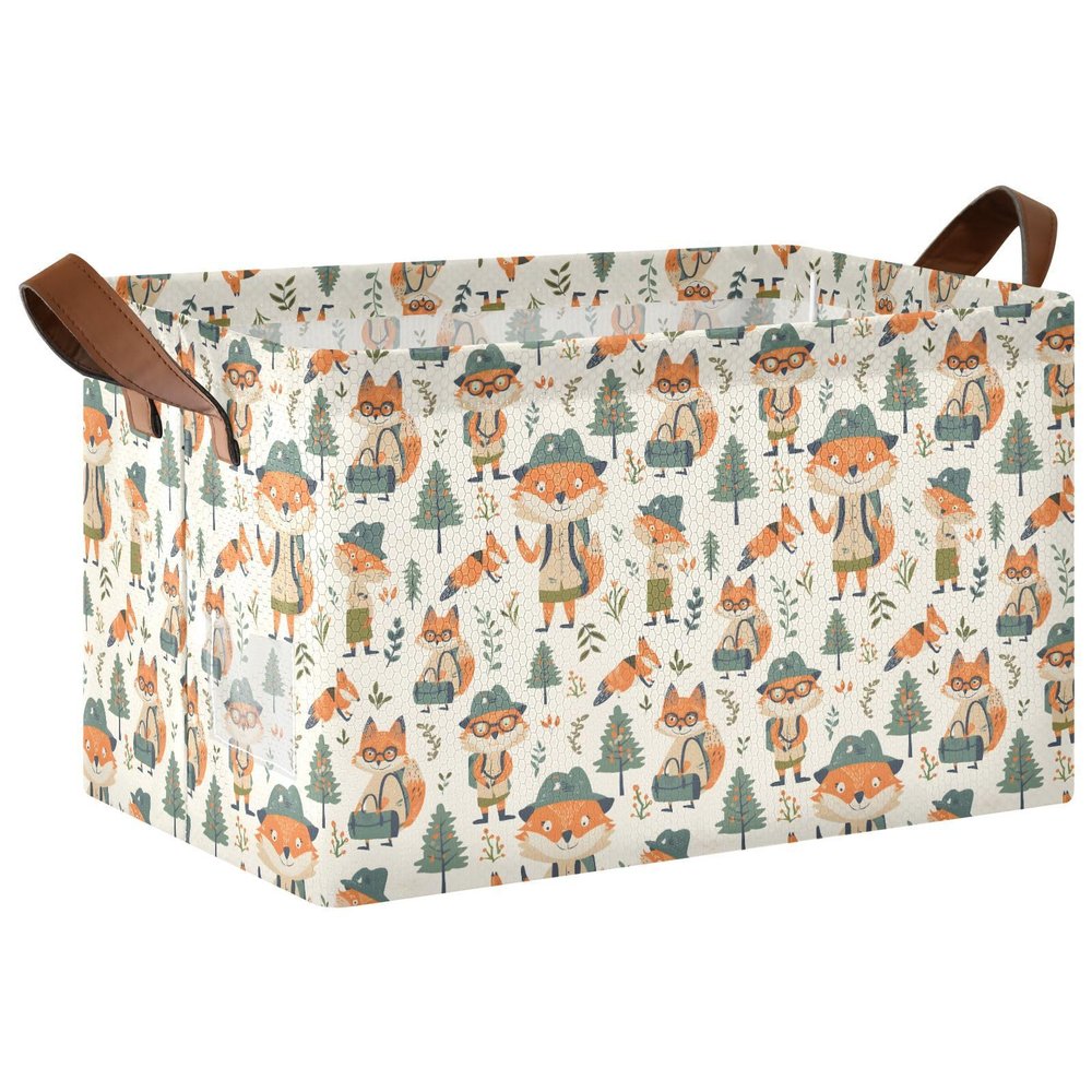 ALAZA Explorer Fox Rectangular Closet Storage Box Storage Bin Basket Storage Cube with Leather Handles Nursery Storage Laundry Hamper 2 Piece