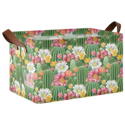 ALAZA Cactus Flower Floral Summer Rectangular Closet Storage Box Storage Bin Basket Storage Cube with Leather Handles Nursery Storage Laundry Hamper 2 Piece