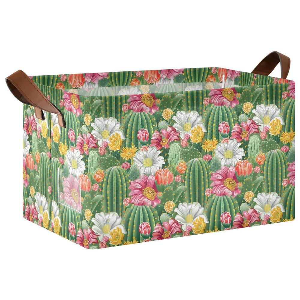 ALAZA Cactus Flower Floral Summer Rectangular Closet Storage Box Storage Bin Basket Storage Cube with Leather Handles Nursery Storage Laundry Hamper 2 Piece