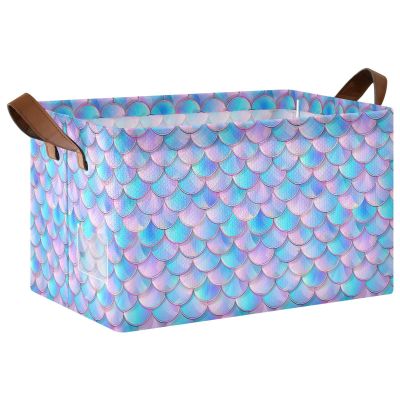 ALAZA 3D Mermaid Scales Blue Rectangular Closet Storage Box Storage Bin Basket Storage Cube with Leather Handles Nursery Storage Laundry Hamper 2 Piece