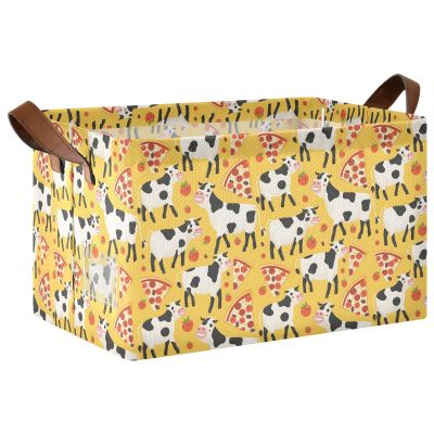 ALAZA Cow Pizza Tomato Yellow Rectangular Closet Storage Box Storage Bin Basket Storage Cube with Leather Handles Nursery Storage Laundry Hamper 2 Piece