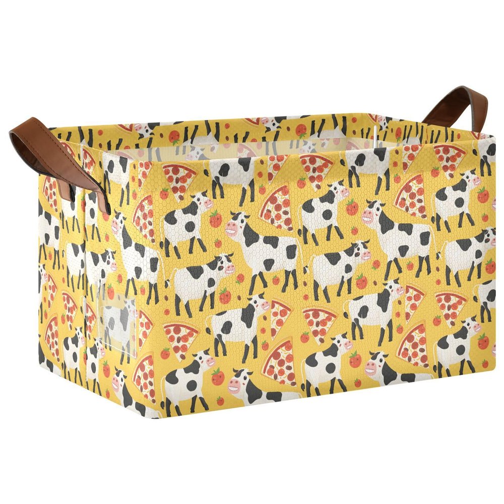 ALAZA Cow Pizza Tomato Yellow Rectangular Closet Storage Box Storage Bin Basket Storage Cube with Leather Handles Nursery Storage Laundry Hamper 2 Piece