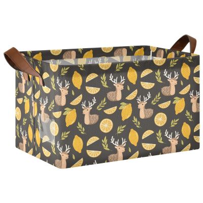 ALAZA Deer Lemon Vintage Rectangular Closet Storage Box Storage Bin Basket Storage Cube with Leather Handles Nursery Storage Laundry Hamper 2 Piece