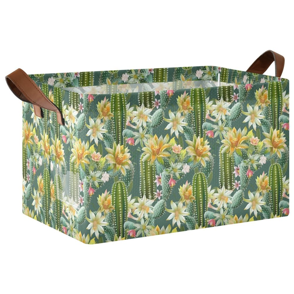 ALAZA Cactus Flower Tropical Rectangular Closet Storage Box Storage Bin Basket Storage Cube with Leather Handles Nursery Storage Laundry Hamper 2 Piece