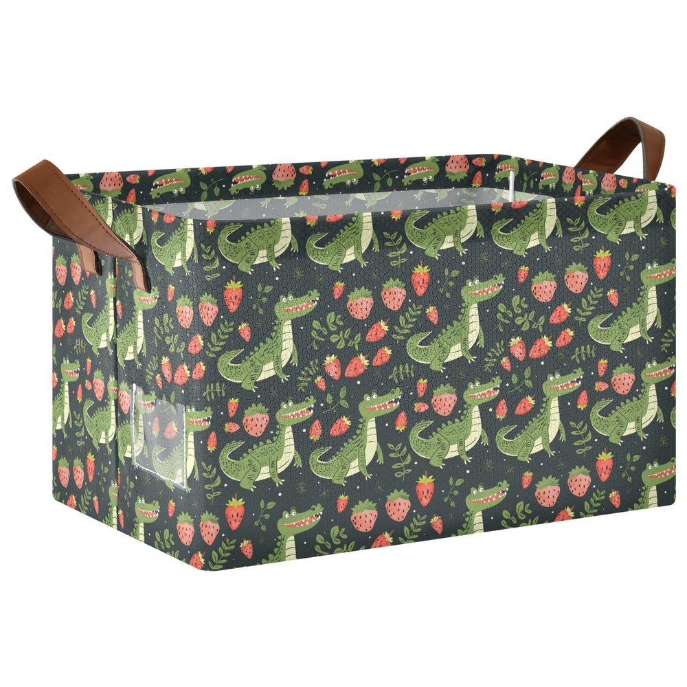 ALAZA Crocodile Strawberry Black Rectangular Closet Storage Box Storage Bin Basket Storage Cube with Leather Handles Nursery Storage Laundry Hamper 2 Piece