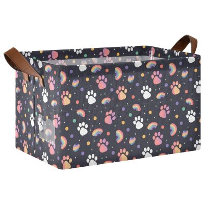 ALAZA Cat Paw Print Rainbow Black Rectangular Closet Storage Box Storage Bin Basket Storage Cube with Leather Handles Nursery Storage Laundry Hamper 2 Piece