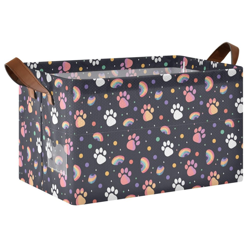 ALAZA Cat Paw Print Rainbow Black Rectangular Closet Storage Box Storage Bin Basket Storage Cube with Leather Handles Nursery Storage Laundry Hamper 2 Piece