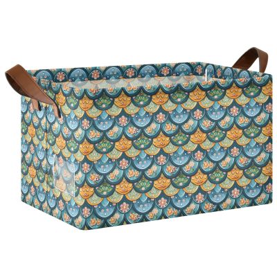 ALAZA Fantasy Mermaid Scale Flower Floral Rectangular Closet Storage Box Storage Bin Basket Storage Cube with Leather Handles Nursery Storage Laundry Hamper 2 Piece