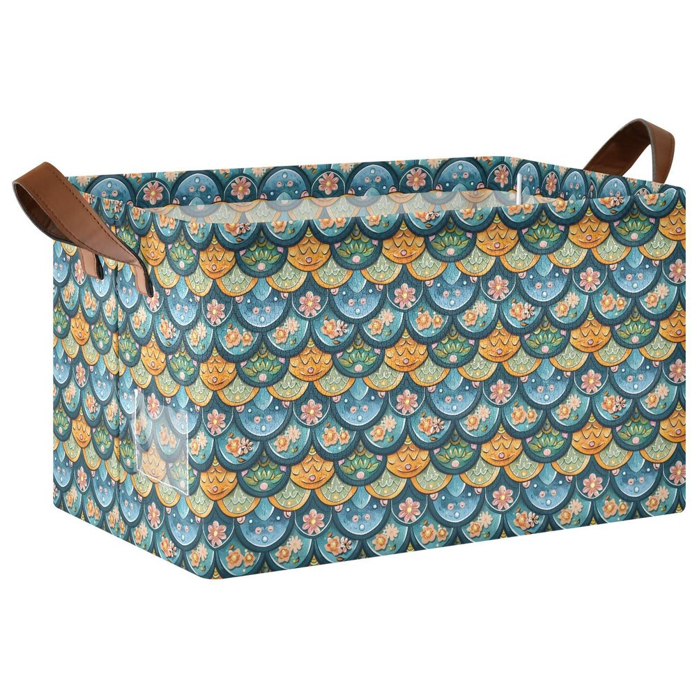 ALAZA Fantasy Mermaid Scale Flower Floral Rectangular Closet Storage Box Storage Bin Basket Storage Cube with Leather Handles Nursery Storage Laundry Hamper 2 Piece