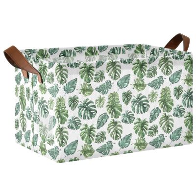 ALAZA Tropical Palm Leaves Watercolor Rectangular Closet Storage Box Storage Bin Basket Storage Cube with Leather Handles Nursery Storage Laundry Hamper 2 Piece