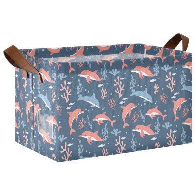 ALAZA Dolphin Coral Reef Cartoon Blue Rectangular Closet Storage Box Storage Bin Basket Storage Cube with Leather Handles Nursery Storage Laundry Hamper 2 Piece