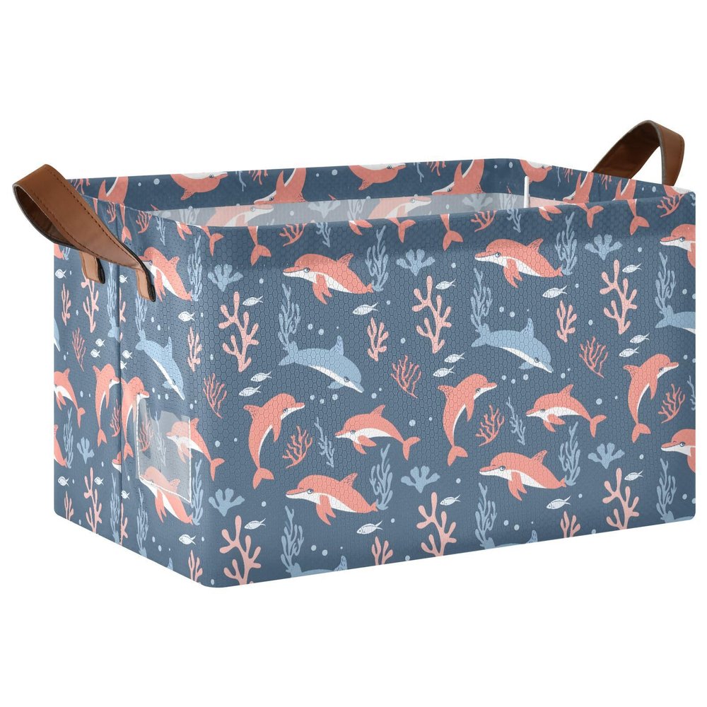 ALAZA Dolphin Coral Reef Cartoon Blue Rectangular Closet Storage Box Storage Bin Basket Storage Cube with Leather Handles Nursery Storage Laundry Hamper 2 Piece