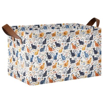 ALAZA Cat Kitten White Floral Rectangular Closet Storage Box Storage Bin Basket Storage Cube with Leather Handles Nursery Storage Laundry Hamper 2 Piece