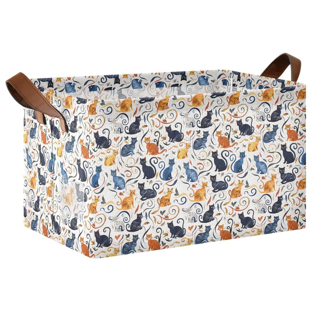 ALAZA Cat Kitten White Floral Rectangular Closet Storage Box Storage Bin Basket Storage Cube with Leather Handles Nursery Storage Laundry Hamper 2 Piece