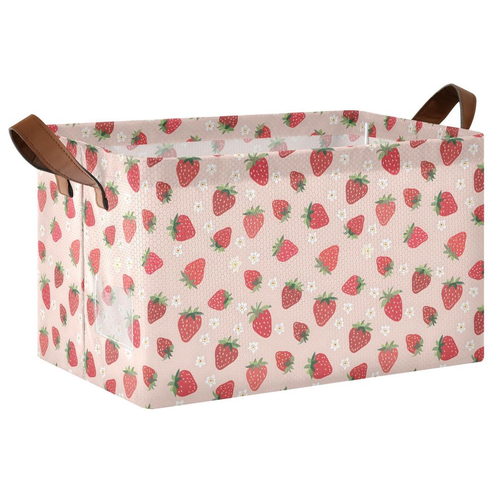 ALAZA Strawberry Flower Floral Rectangular Closet Storage Box Storage Bin Basket Storage Cube with Leather Handles Nursery Storage Laundry Hamper 2 Piece