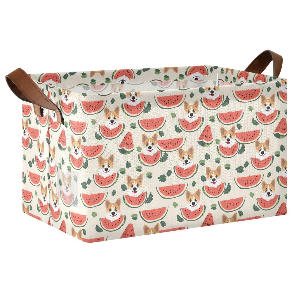 ALAZA Corgi Dog Watermelon Rectangular Closet Storage Box Storage Bin Basket Storage Cube with Leather Handles Nursery Storage Laundry Hamper 2 Piece