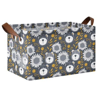 ALAZA Bear Sunflower Leaves Rectangular Closet Storage Box Storage Bin Basket Storage Cube with Leather Handles Nursery Storage Laundry Hamper 2 Piece