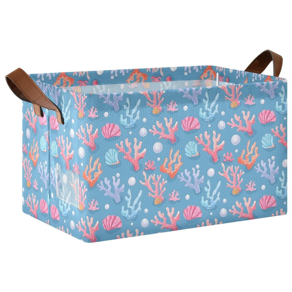 ALAZA Pearl Coral Reef Blue Rectangular Closet Storage Box Storage Bin Basket Storage Cube with Leather Handles Nursery Storage Laundry Hamper 2 Piece