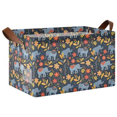 ALAZA Elephant Flower Floral Print Rectangular Closet Storage Box Storage Bin Basket Storage Cube with Leather Handles Nursery Storage Laundry Hamper 2 Piece