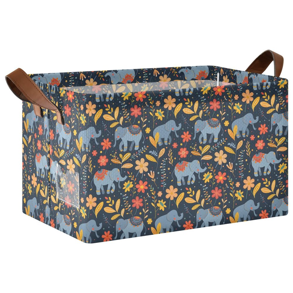 ALAZA Elephant Flower Floral Print Rectangular Closet Storage Box Storage Bin Basket Storage Cube with Leather Handles Nursery Storage Laundry Hamper 2 Piece