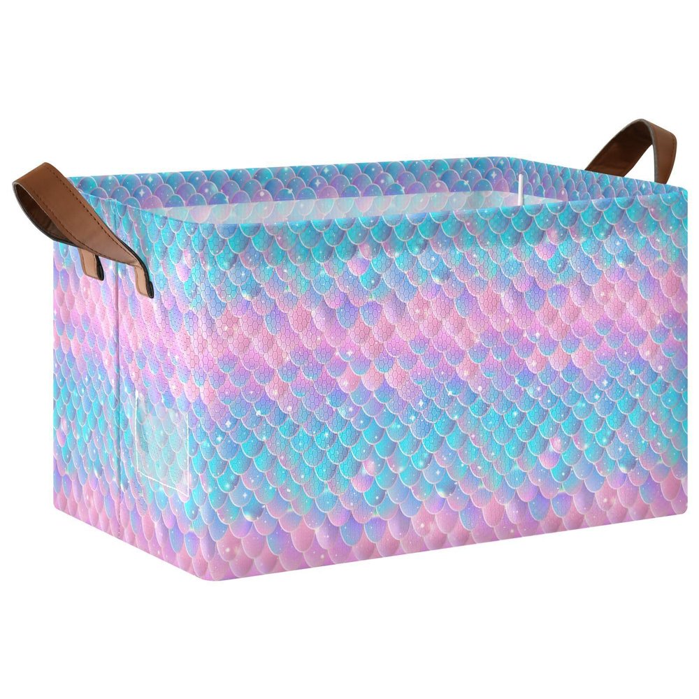 ALAZA Fish Scale Mermaid Blue Pink Rectangular Closet Storage Box Storage Bin Basket Storage Cube with Leather Handles Nursery Storage Laundry Hamper 2 Piece