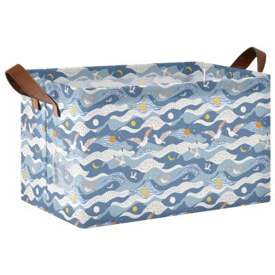 ALAZA Cute Summer Beach Bird Blue Rectangular Closet Storage Box Storage Bin Basket Storage Cube with Leather Handles Nursery Storage Laundry Hamper 2 Piece