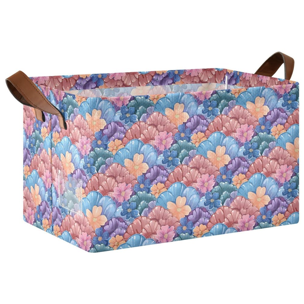 ALAZA Fantasy Mermaid Scale Flower Rectangular Closet Storage Box Storage Bin Basket Storage Cube with Leather Handles Nursery Storage Laundry Hamper 2 Piece