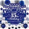 15th Birthday Decorations for Boys Girls, Blue Silver Happy 15th Birthday Party Decorations, Happy 15th Birthday Backdrop, Banner, Balloons, Hanging Swirls, Birthday Cards, Cake Toppers, Pompoms 54pcs view 1