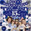 15th Birthday Decorations for Boys Girls, Blue Silver Happy 15th Birthday Party Decorations, Happy 15th Birthday Backdrop, Banner, Balloons, Hanging Swirls, Birthday Cards, Cake Toppers, Pompoms 54pcs view 2