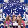 15th Birthday Decorations for Boys Girls, Blue Silver Happy 15th Birthday Party Decorations, Happy 15th Birthday Backdrop, Banner, Balloons, Hanging Swirls, Birthday Cards, Cake Toppers, Pompoms 54pcs view 3