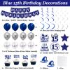 15th Birthday Decorations for Boys Girls, Blue Silver Happy 15th Birthday Party Decorations, Happy 15th Birthday Backdrop, Banner, Balloons, Hanging Swirls, Birthday Cards, Cake Toppers, Pompoms 54pcs view 4