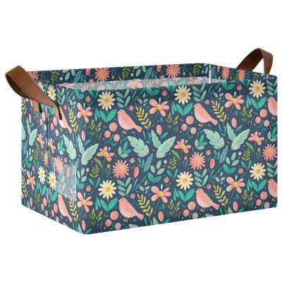 ALAZA Bird Leaves Flower Floral Rectangular Closet Storage Box Storage Bin Basket Storage Cube with Leather Handles Nursery Storage Laundry Hamper 2 Piece