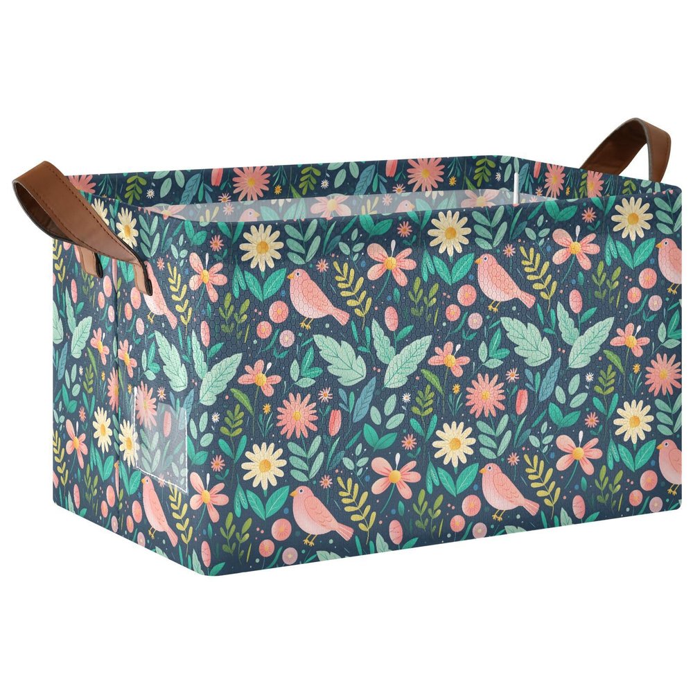 ALAZA Bird Leaves Flower Floral Rectangular Closet Storage Box Storage Bin Basket Storage Cube with Leather Handles Nursery Storage Laundry Hamper 2 Piece