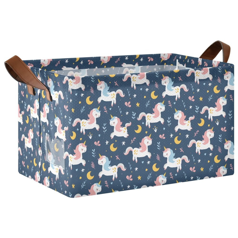 ALAZA Blue Unicorn Moon Cartoon Rectangular Closet Storage Box Storage Bin Basket Storage Cube with Leather Handles Nursery Storage Laundry Hamper 2 Piece