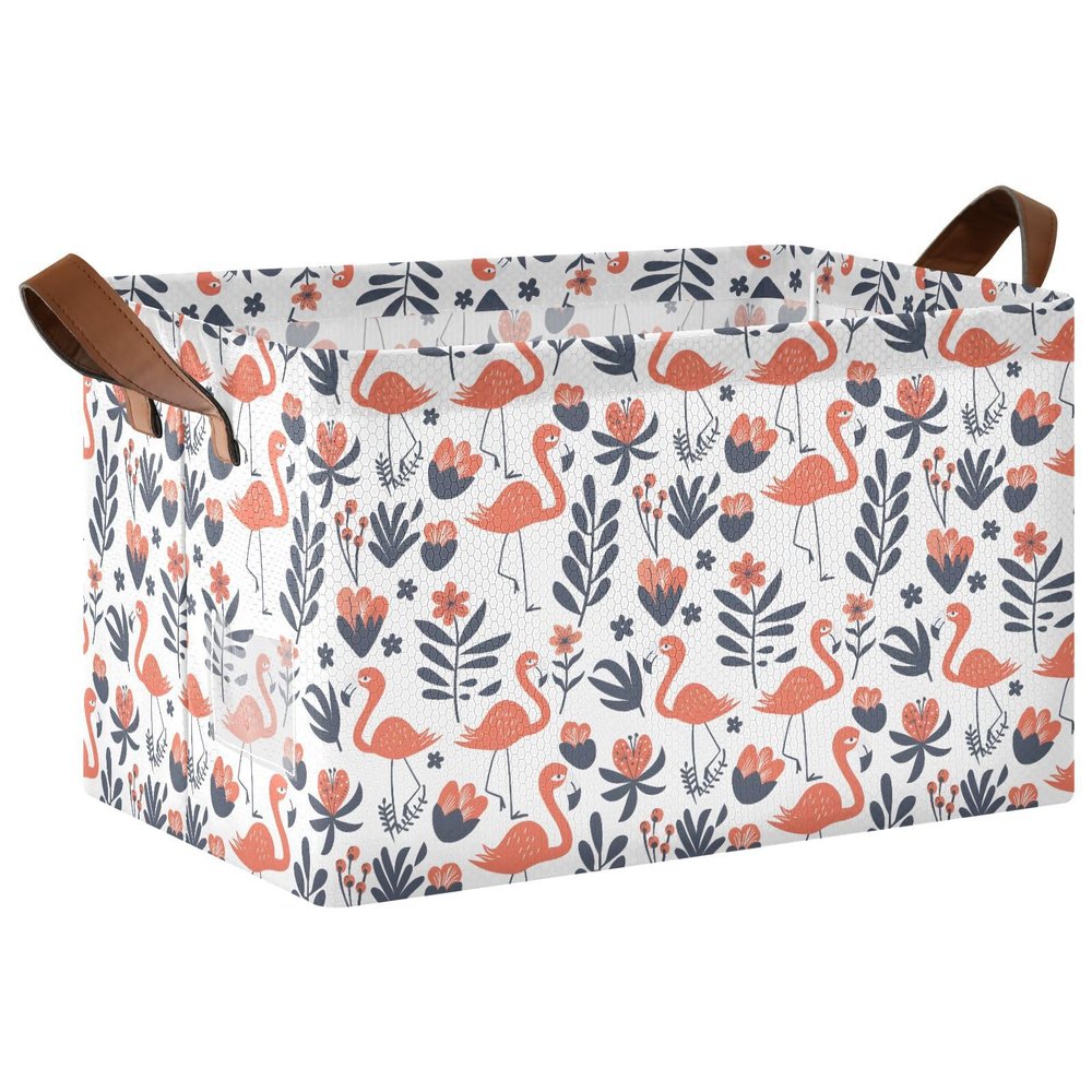 ALAZA Cartoon Flower Flamingo Leaves Rectangular Closet Storage Box Storage Bin Basket Storage Cube with Leather Handles Nursery Storage Laundry Hamper 2 Piece