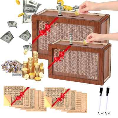 2Packs Money Saving Box Piggy Bank Wooden Coin Bank for Kids Adults boy Girl Reusable Cash Box Money Box Wooden Savings Box with 1k 3k 5k 10k Money Saving Target Best Gift for Friends($10000,Brown)