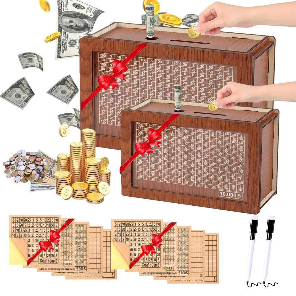 2Packs Money Saving Box Piggy Bank Wooden Coin Bank for Kids Adults boy Girl Reusable Cash Box Money Box Wooden Savings Box with 1k 3k 5k 10k Money Saving Target Best Gift for Friends($10000,Brown)